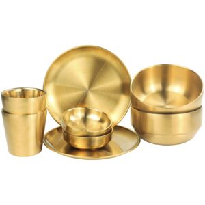 8 pcs stainless steel dinnerware sets, gold dish set, 6.6‘’thickened dinner plates, 16.9 oz soup bowls, 3.5 oz sauce dish & metal cups, stackable dishware for kitchen bbq party picnic