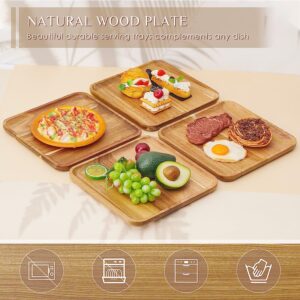 Square Acacia Wood Plate,Wooden Trays Serving Platter Dinner Server Tray Dessert Cookie Snack Platters Charcuterie Board,7.8" x 7.8"