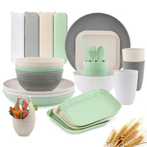 wheat straw dinnerware sets for 4, 48pcs unbreakable microwave dishwasher safe dinnerware set for kids adults, reusable lightweight plates cups and bowls set for camping kitchen picnic dorm rv dishes