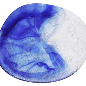 Red Co. White and Blue Etched Wavy Glass Irregular Shaped Dinner Plates, 10" Diameter - Set of 6