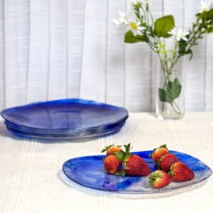 Red Co. White and Blue Etched Wavy Glass Irregular Shaped Dinner Plates, 10" Diameter - Set of 6