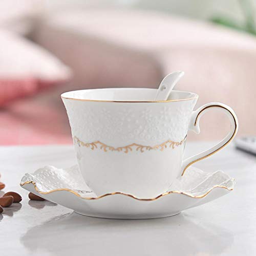 Tmore Porcelain Tea Cup and Saucer Modern Ceramic Coffee Mug Set Luxury British Tea Cup Coffee Cup with Gold Trim- Gift Box, Coffee Cup + Saucer + Teaspoon, 200ml (Coffee Cup-B)