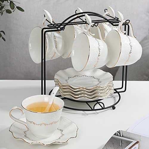 Tmore Porcelain Tea Cup and Saucer Modern Ceramic Coffee Mug Set Luxury British Tea Cup Coffee Cup with Gold Trim- Gift Box, Coffee Cup + Saucer + Teaspoon, 200ml (Coffee Cup-B)