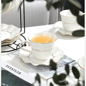 Tmore Porcelain Tea Cup and Saucer Modern Ceramic Coffee Mug Set Luxury British Tea Cup Coffee Cup with Gold Trim- Gift Box, Coffee Cup + Saucer + Teaspoon, 200ml (Coffee Cup-B)