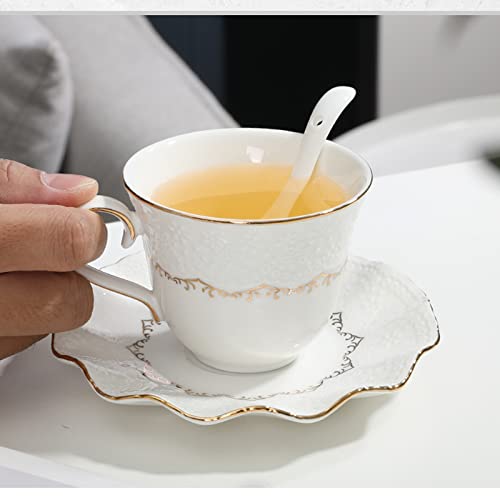 Tmore Porcelain Tea Cup and Saucer Modern Ceramic Coffee Mug Set Luxury British Tea Cup Coffee Cup with Gold Trim- Gift Box, Coffee Cup + Saucer + Teaspoon, 200ml (Coffee Cup-B)