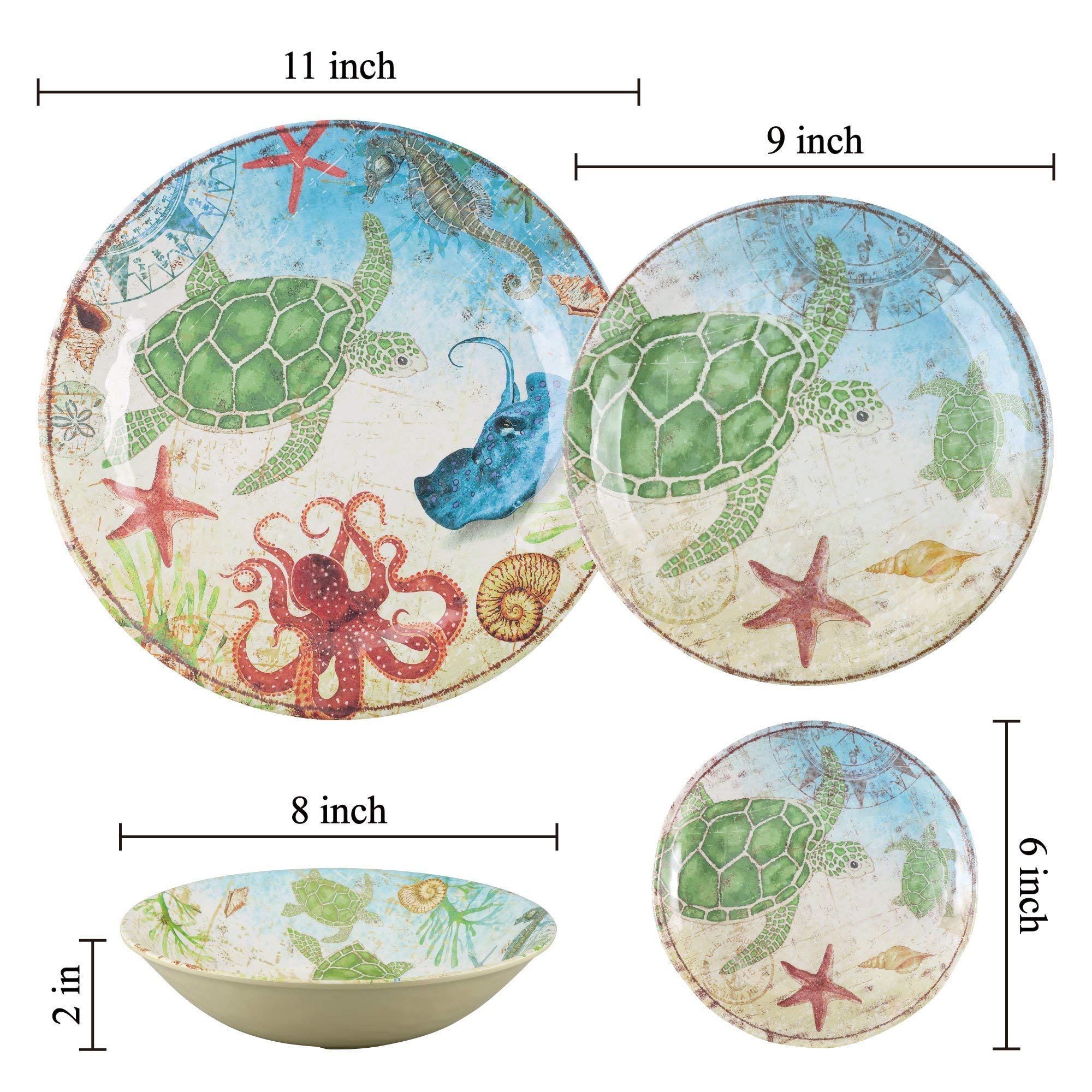 UPware 16-Piece Melamine Dinnerware Set, Includes Dinner Plates, Salad Plates, Dessert Plates, Bowls, Service for 4. (Sea Turtle)