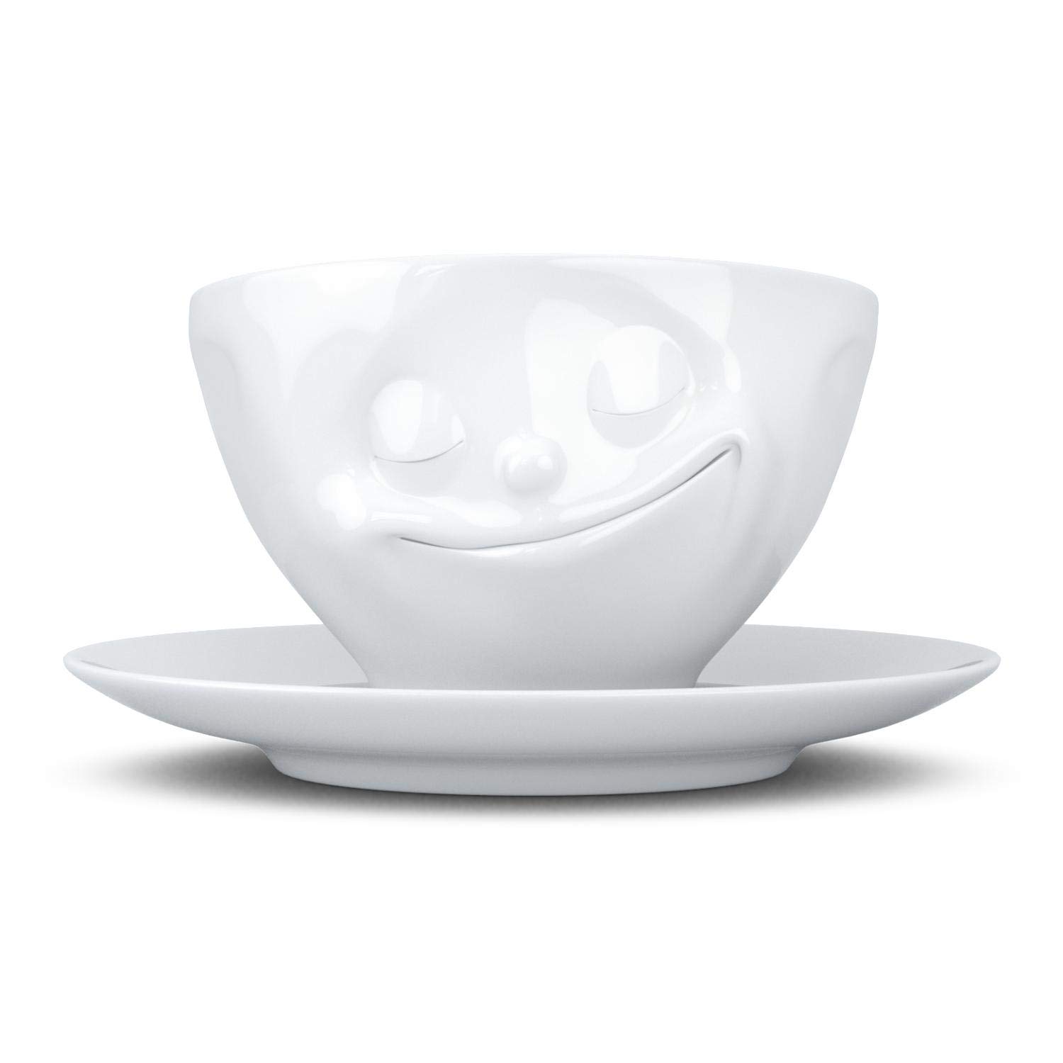 FIFTYEIGHT PRODUCTS TASSEN Porcelain Coffee Cup with Saucer, Happy Face Edition, 6.5 oz. White (Single Cup & Saucer)