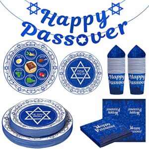passover decorations, 135 pcs passover seder plates plus happy passover banner, disposable seder plates for passover food, renaissance design paper passover seder dinnerware set serve for 30 guests