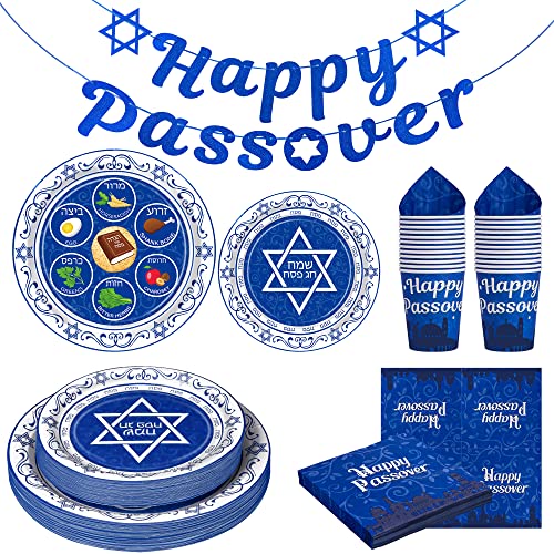 Passover Decorations, 135 PCS Passover Seder Plates Plus HAPPY PASSOVER Banner, Disposable Seder Plates for Passover Food, Renaissance Design Paper Passover Seder Dinnerware Set Serve for 30 Guests