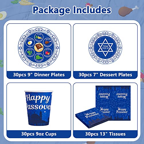 Passover Decorations, 135 PCS Passover Seder Plates Plus HAPPY PASSOVER Banner, Disposable Seder Plates for Passover Food, Renaissance Design Paper Passover Seder Dinnerware Set Serve for 30 Guests