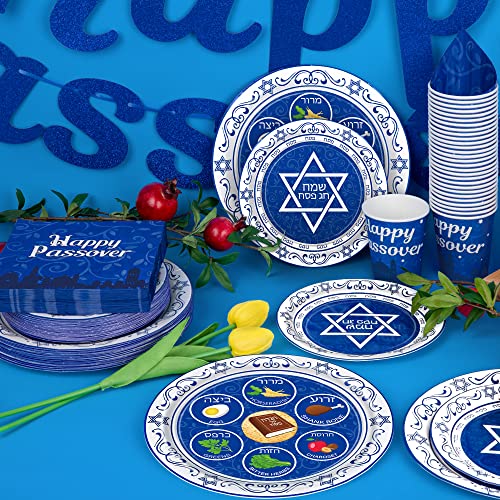 Passover Decorations, 135 PCS Passover Seder Plates Plus HAPPY PASSOVER Banner, Disposable Seder Plates for Passover Food, Renaissance Design Paper Passover Seder Dinnerware Set Serve for 30 Guests