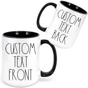 personalized coffee mug! rae dunn inspired font black! 15oz ceramic mug | your custom text on front, back, or both sides!