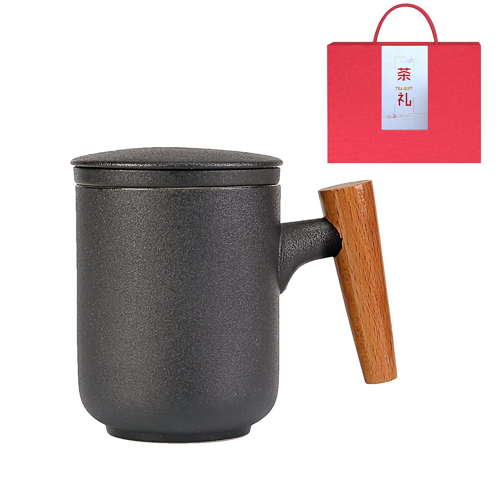 Ceramic Tea Mug with Infuser and Lid,China Tea Cup,for Steeping Loose Leaf Tea Wooden Handle 350ml/12oz, Black, GJ-467