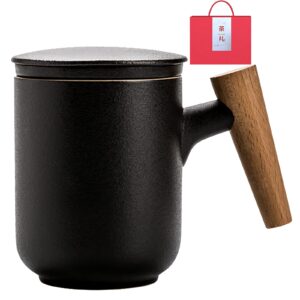 Ceramic Tea Mug with Infuser and Lid,China Tea Cup,for Steeping Loose Leaf Tea Wooden Handle 350ml/12oz, Black, GJ-467