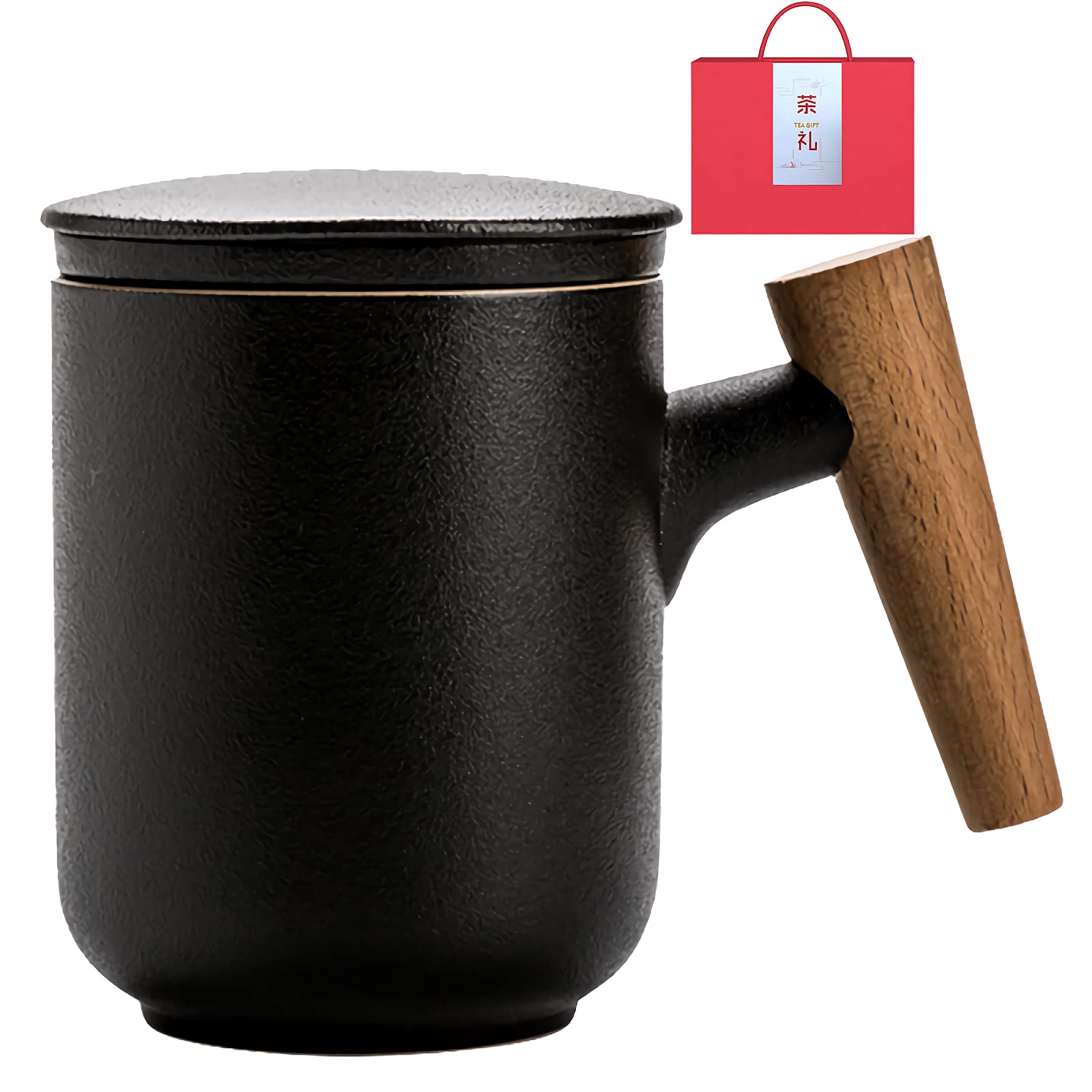 Ceramic Tea Mug with Infuser and Lid,China Tea Cup,for Steeping Loose Leaf Tea Wooden Handle 350ml/12oz, Black, GJ-467