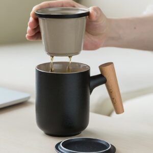 Ceramic Tea Mug with Infuser and Lid,China Tea Cup,for Steeping Loose Leaf Tea Wooden Handle 350ml/12oz, Black, GJ-467