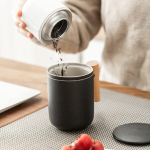 Ceramic Tea Mug with Infuser and Lid,China Tea Cup,for Steeping Loose Leaf Tea Wooden Handle 350ml/12oz, Black, GJ-467