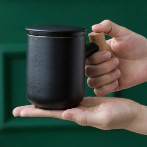 Ceramic Tea Mug with Infuser and Lid,China Tea Cup,for Steeping Loose Leaf Tea Wooden Handle 350ml/12oz, Black, GJ-467