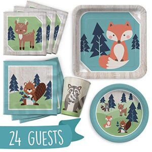 woodland animal birthday party supply set | super cute, all-in-one 120 piece set includes plates, cups, and napkins | serves 24 guests | forest creature theme perfect for birthdays or baby showers