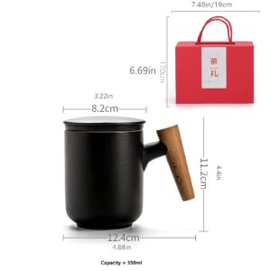 Ceramic Tea Mug with Infuser and Lid,China Tea Cup,for Steeping Loose Leaf Tea Wooden Handle 350ml/12oz, Black, GJ-467