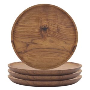 yuniff wooden plates, teak wood dinner plates, round serving tray or serving dishes all natural charger plates table decor, set of 4, 12 inch wood plates, housewarming