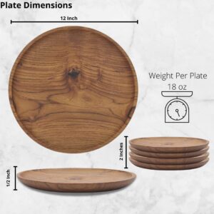 YUNIFF Wooden Plates, Teak Wood Dinner Plates, Round Serving Tray Or Serving Dishes All Natural Charger Plates Table Decor, Set Of 4, 12 Inch Wood Plates, Housewarming