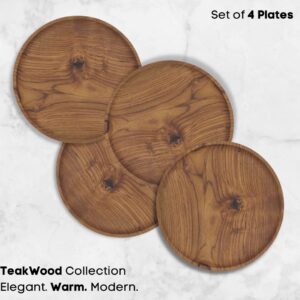 YUNIFF Wooden Plates, Teak Wood Dinner Plates, Round Serving Tray Or Serving Dishes All Natural Charger Plates Table Decor, Set Of 4, 12 Inch Wood Plates, Housewarming