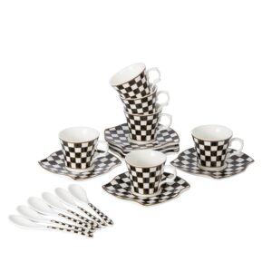 porlien checker porcelain 2-ounce espresso cups and saucers set of 6, demitasse cups and saucers for teatime, tea party, gift for family & friends