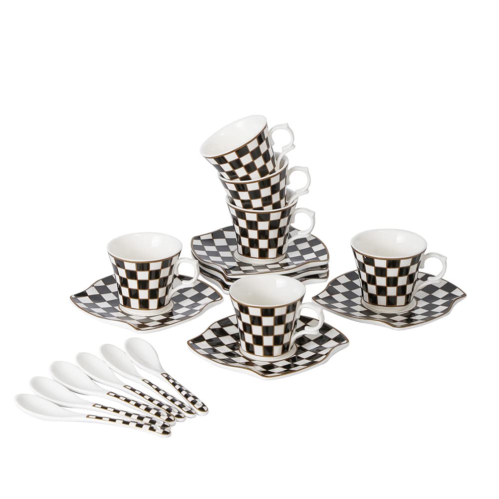 Porlien Checker Porcelain 2-ounce Espresso Cups and Saucers Set of 6, Demitasse Cups and Saucers for Teatime, Tea Party, Gift for Family & Friends