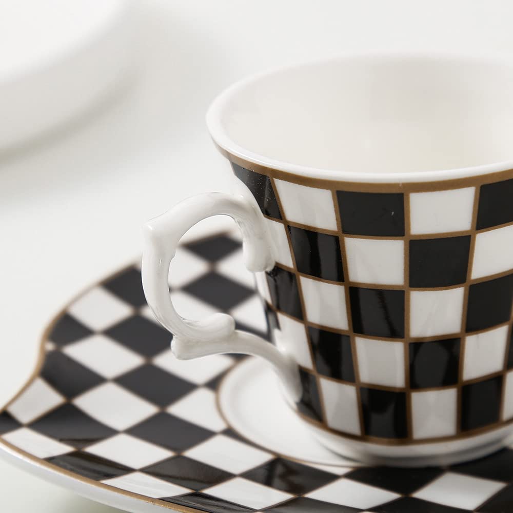 Porlien Checker Porcelain 2-ounce Espresso Cups and Saucers Set of 6, Demitasse Cups and Saucers for Teatime, Tea Party, Gift for Family & Friends