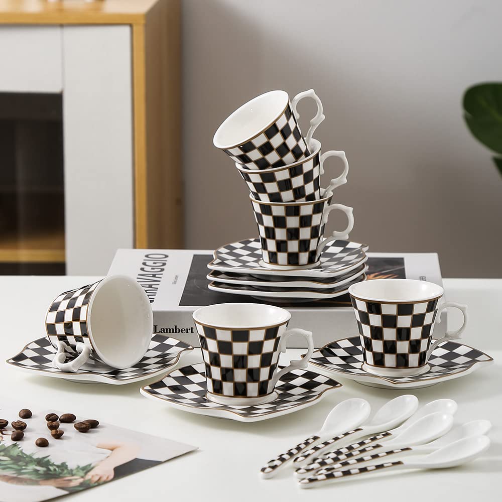 Porlien Checker Porcelain 2-ounce Espresso Cups and Saucers Set of 6, Demitasse Cups and Saucers for Teatime, Tea Party, Gift for Family & Friends