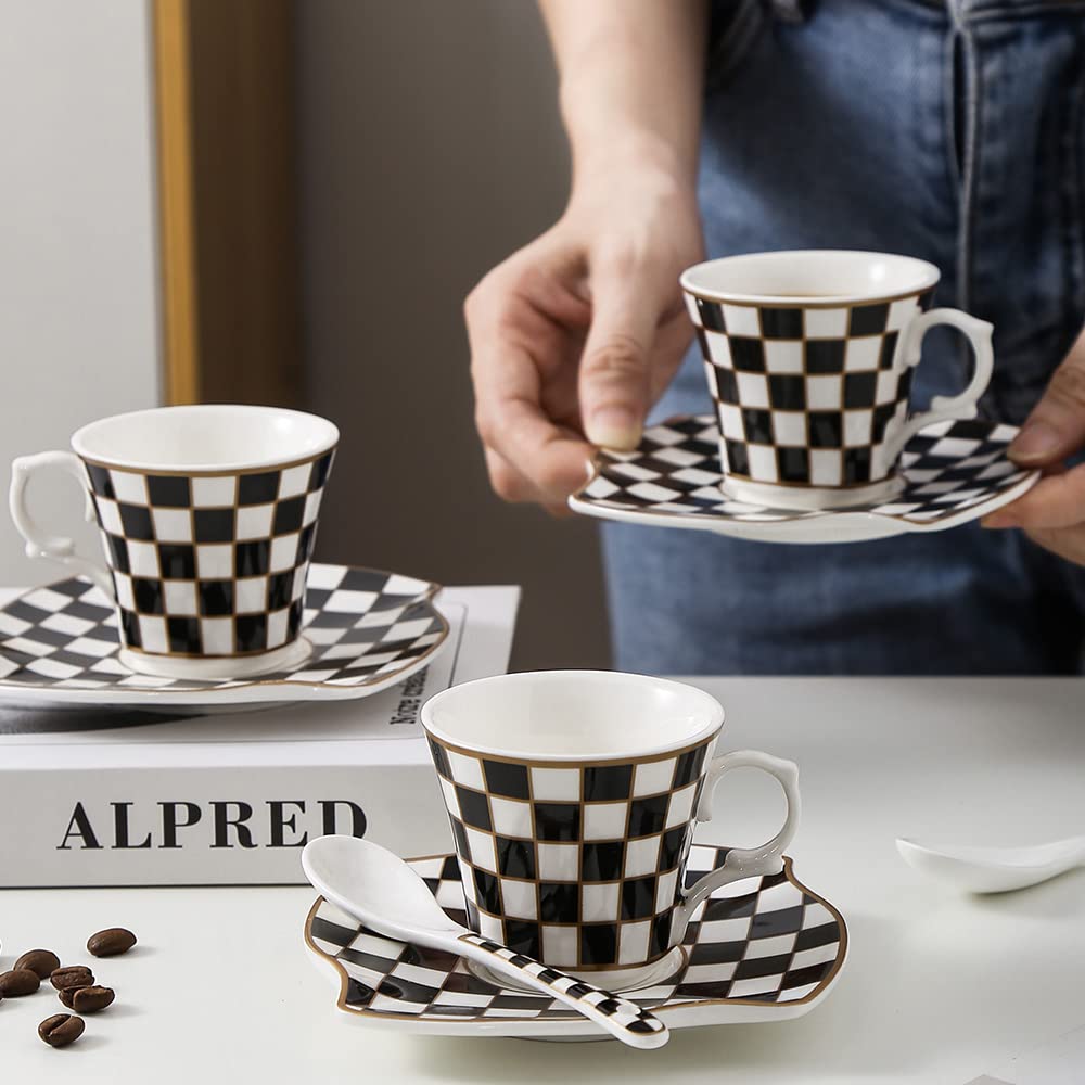 Porlien Checker Porcelain 2-ounce Espresso Cups and Saucers Set of 6, Demitasse Cups and Saucers for Teatime, Tea Party, Gift for Family & Friends