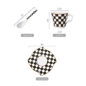 Porlien Checker Porcelain 2-ounce Espresso Cups and Saucers Set of 6, Demitasse Cups and Saucers for Teatime, Tea Party, Gift for Family & Friends