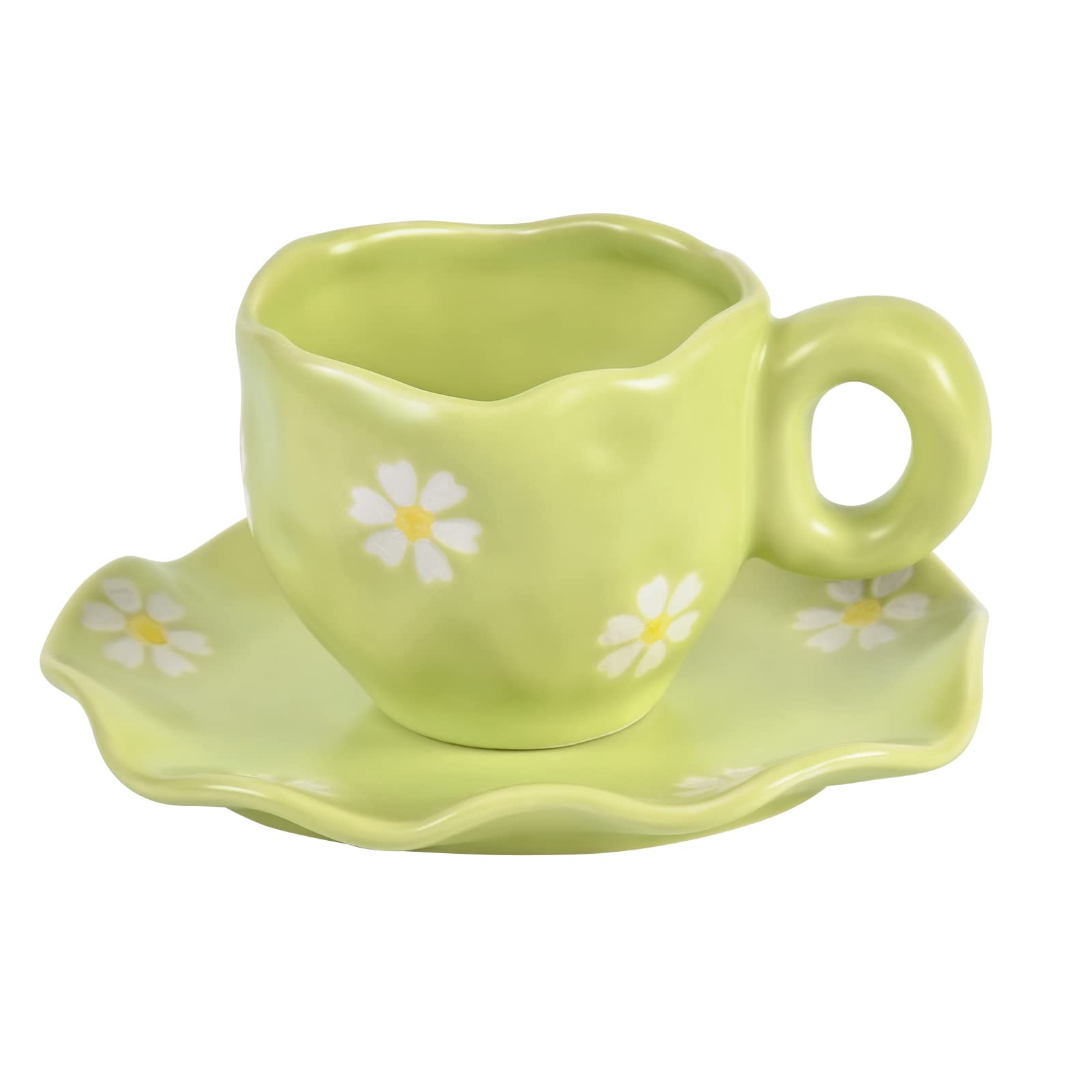 Koythin Ceramic Coffee Mug with Saucer Set, Cute Creative Daisy Cup Saucer for Office and Home, Dishwasher and Microwave Safe, 6.5 oz/200 ml for Latte Tea Milk (Green)