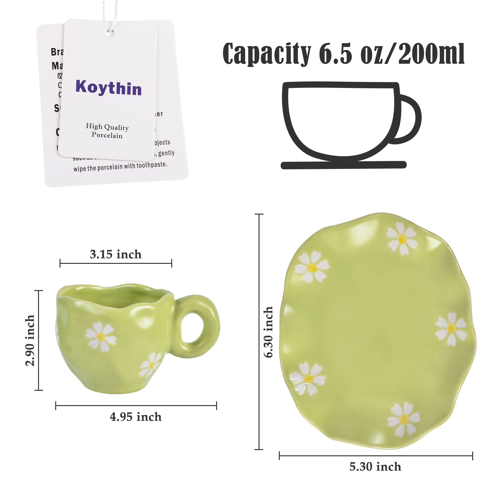 Koythin Ceramic Coffee Mug with Saucer Set, Cute Creative Daisy Cup Saucer for Office and Home, Dishwasher and Microwave Safe, 6.5 oz/200 ml for Latte Tea Milk (Green)