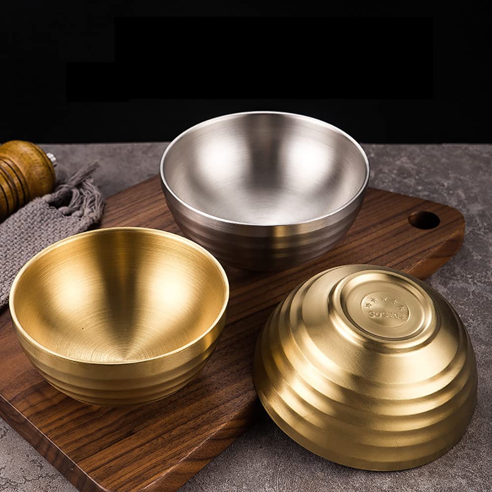 maiwalk 18/8 Stainless Steel Bowl Set Double Walled Heat Insulation Insulation Unbreakable Children Bowl for Rice Snack Ice Cream Dessert Cereal Soup Bowls Set of 4 (Gold, Large-5.51")