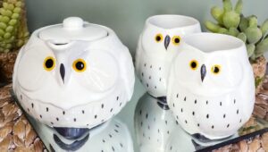 ebros gift whimsical white fat snow owl ceramic 16oz tea pot with 2 cups set with stainless steel strainer as teapots and teacups home decor of owls owlet nocturnal bird