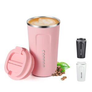 insulated coffee mug with lid, 18oz vacuum stainless steel tea tumbler cup, durable double wall leak-proof reusable coffee cup thermos mug for travel office school party camping (pink)