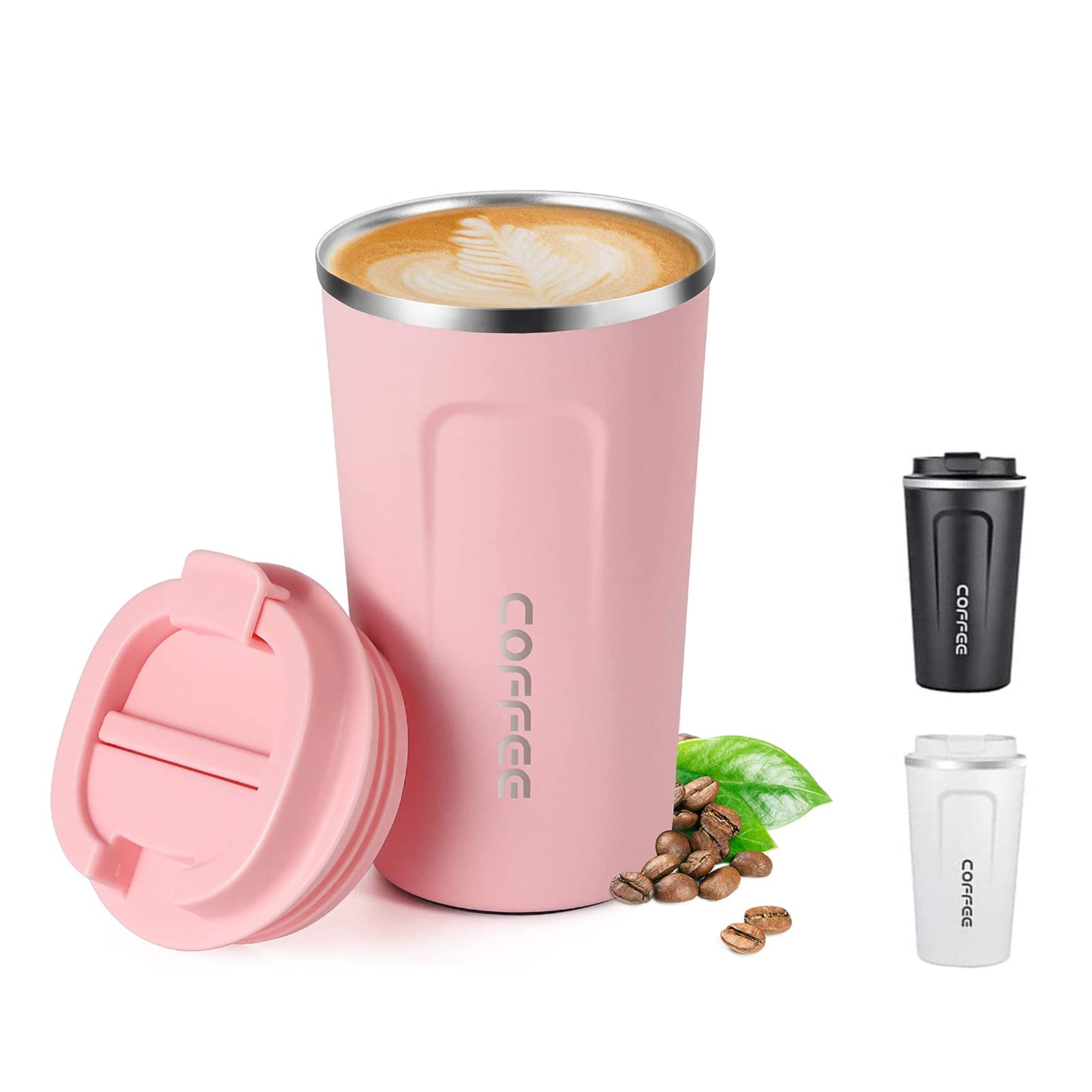 Insulated Coffee Mug with Lid, 18oz Vacuum Stainless Steel Tea Tumbler Cup, Durable Double Wall Leak-Proof Reusable Coffee Cup Thermos Mug for Travel Office School Party Camping (Pink)