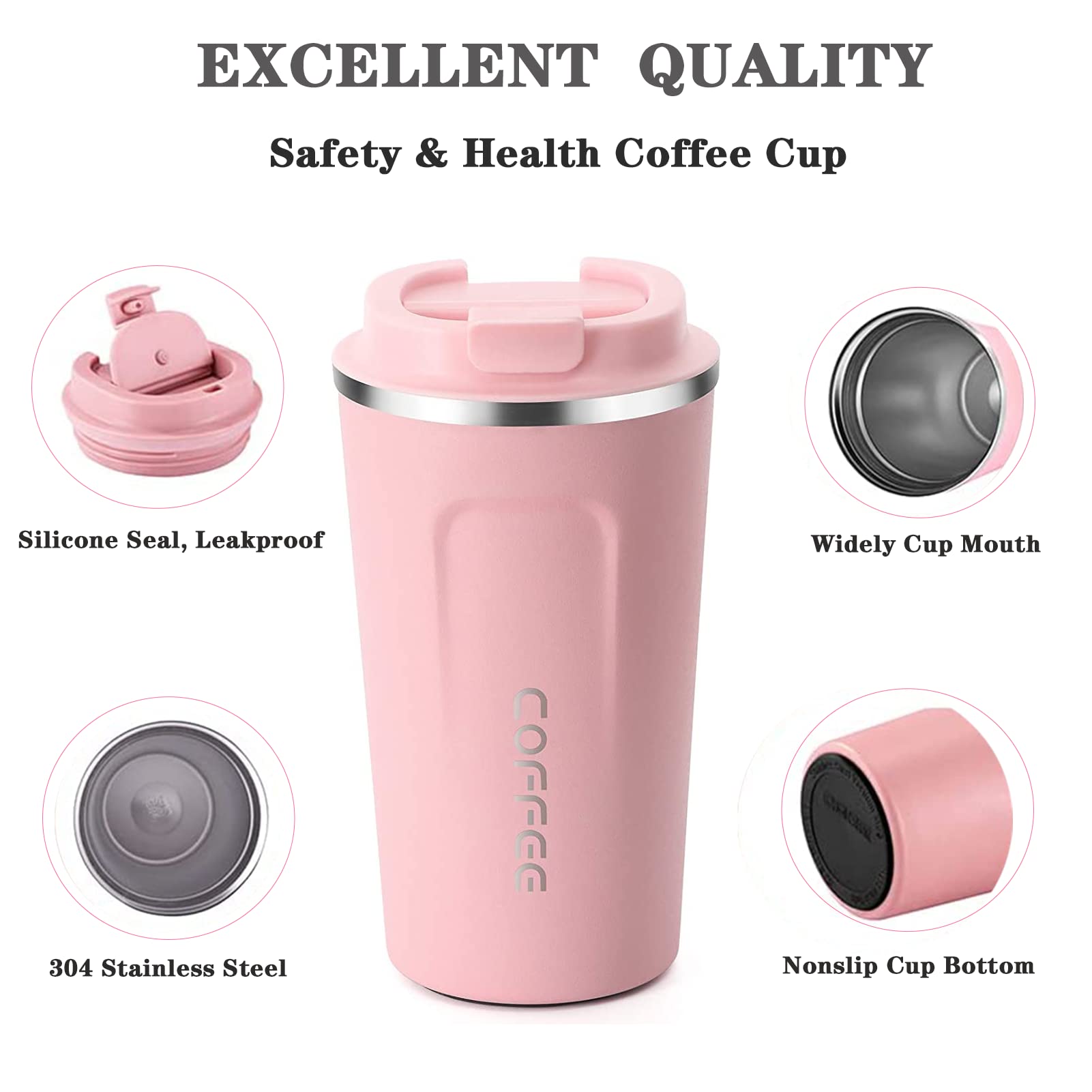 Insulated Coffee Mug with Lid, 18oz Vacuum Stainless Steel Tea Tumbler Cup, Durable Double Wall Leak-Proof Reusable Coffee Cup Thermos Mug for Travel Office School Party Camping (Pink)