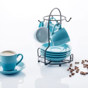 IMUSA USA 8pc 3oz Blue and White Espresso Cups & Saucers Set w/Storing Rack, 8pc, Teal