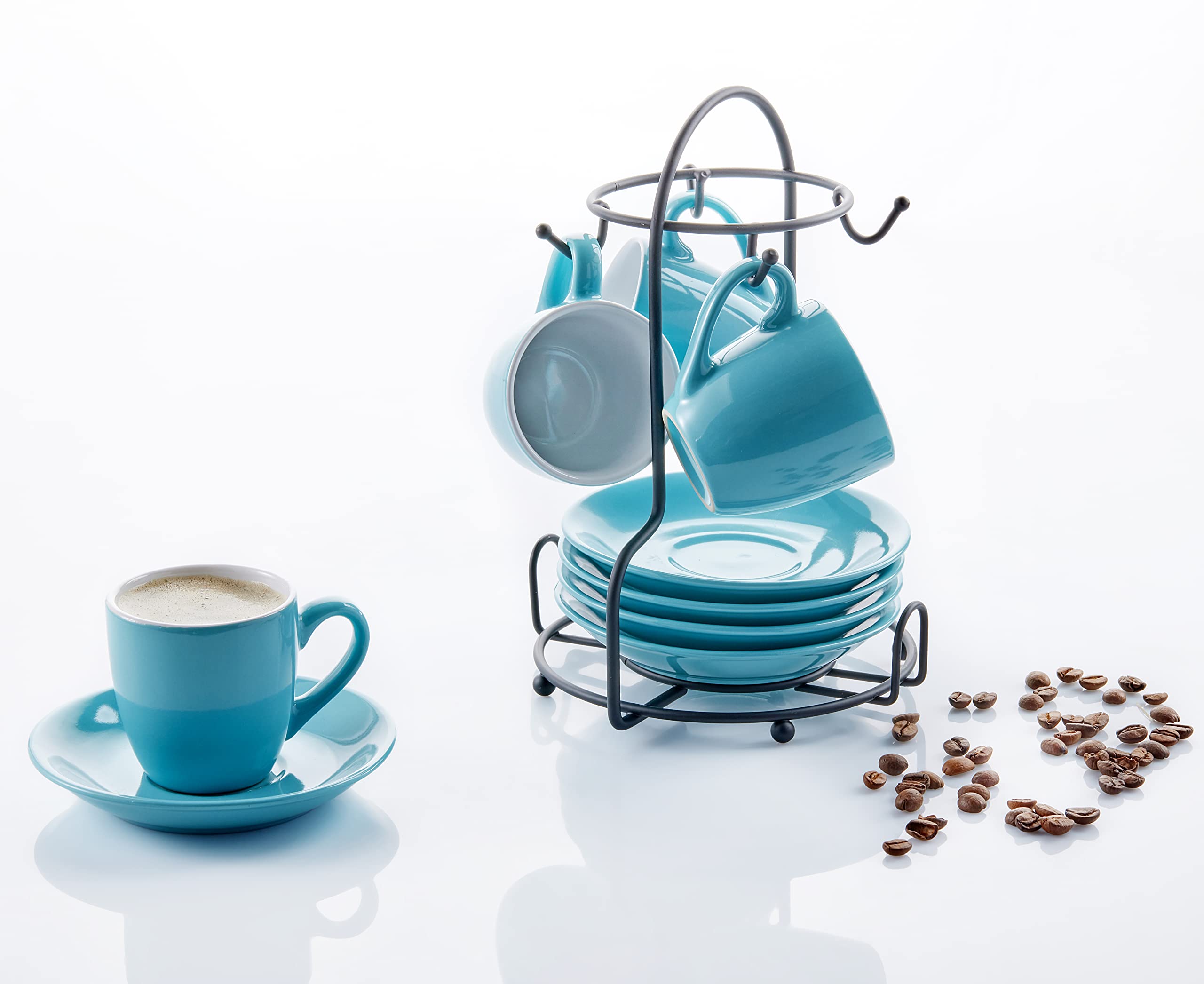 IMUSA USA 8pc 3oz Blue and White Espresso Cups & Saucers Set w/Storing Rack, 8pc, Teal