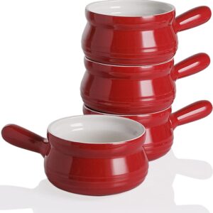 sweejar porcelain soup bowls with handle, 22 oz ceramic serving crocks for french onion soup, pumpkin soup, oatmeal, stew, dishwasher and microwave safe, set of 4 （red）