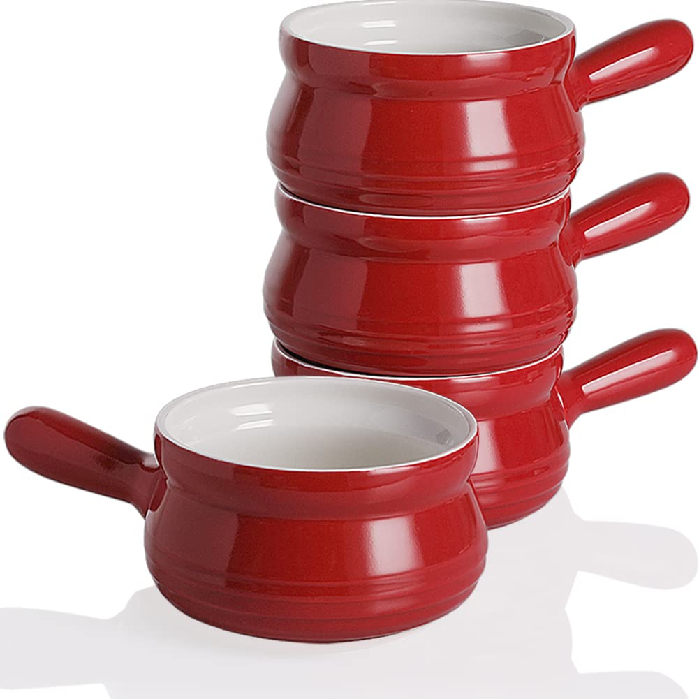 Sweejar Porcelain Soup Bowls with Handle, 22 OZ Ceramic Serving Crocks for French Onion Soup, Pumpkin Soup, Oatmeal, Stew, Dishwasher and Microwave Safe, Set of 4 （Red）