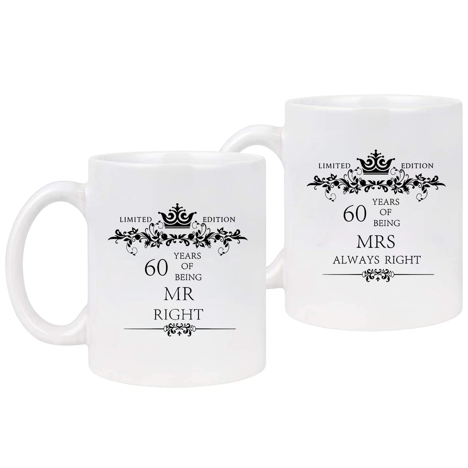 WOHR 60th Anniversary Mugs for Couple 60th Wedding Gifts for Parents Anniversary Couple Mugs Set 60th Couples Mugs Gag Gift Ideas for Wife Husband Ceramic Coffee Cups Mr Mrs 11oz 2-pack