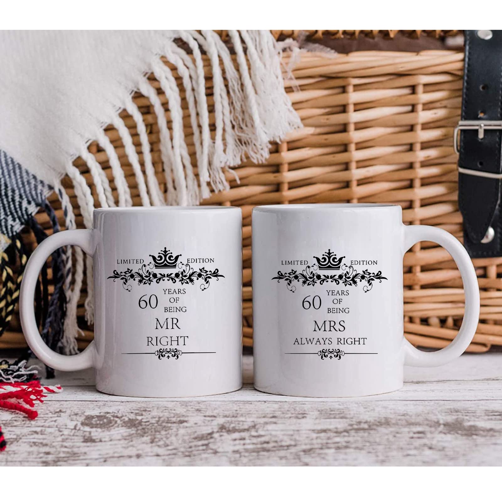 WOHR 60th Anniversary Mugs for Couple 60th Wedding Gifts for Parents Anniversary Couple Mugs Set 60th Couples Mugs Gag Gift Ideas for Wife Husband Ceramic Coffee Cups Mr Mrs 11oz 2-pack