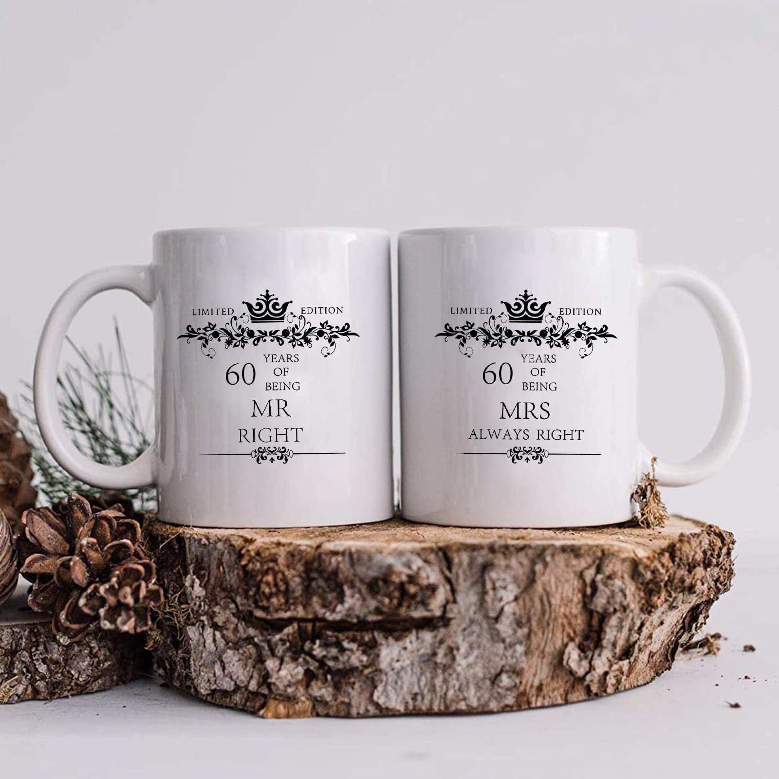 WOHR 60th Anniversary Mugs for Couple 60th Wedding Gifts for Parents Anniversary Couple Mugs Set 60th Couples Mugs Gag Gift Ideas for Wife Husband Ceramic Coffee Cups Mr Mrs 11oz 2-pack