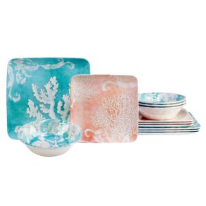 certified international inspired coast 12 piece melamine dinnerware set, service for 4, multicolor