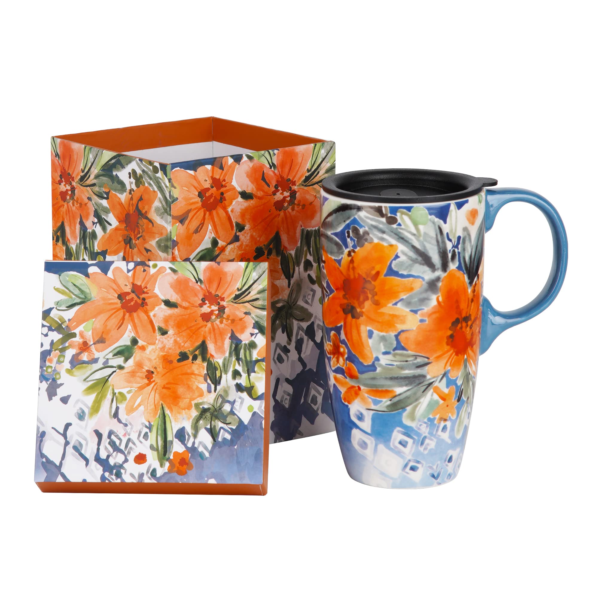 Topadorn Ceramic Coffee Mug Travel Cup Gift with Lid 17oz., Porcelain Tall Tea Cup with Handle for Home & Office, Orange Flower Art Pattern Mug in Gift Box, 6.5" H