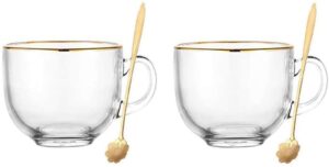 kkgud set of 2 glass teacups with gold rim, oatmeal cups, yogurt bowls with spoons (simple design, 16oz)